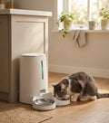 A gray and white cat eats from a white automatic pet feeder with a metal bowl, placed beside a kitchen cabinet in a bright, sunlit room.