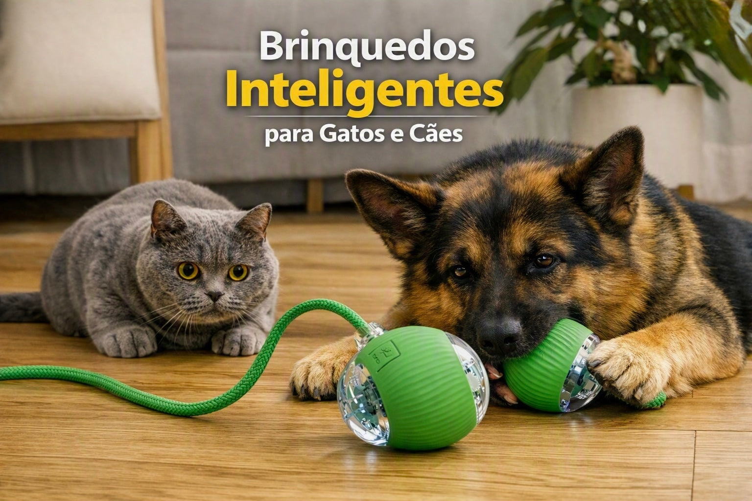 A cat and a German Shepherd lying on a wooden floor indoors, both interacting with a green spherical pet toy with clear plastic balls. Portuguese text at the top reads 'Brinquedos Inteligentes para Gatos e Cães'.